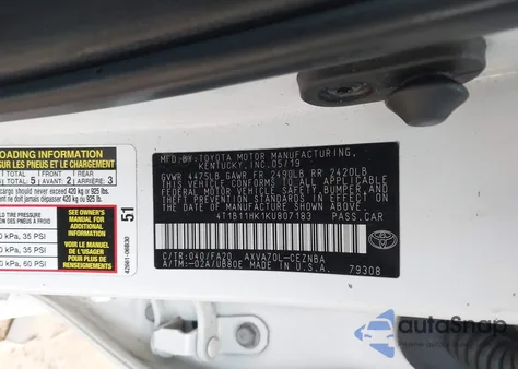 2019 Toyota Camry Le z USA, uszkodzony, nr VIN 4T1B11HK1KU807183